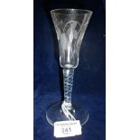 19th c. wine glass having etched funnel bowl with hops and barley decoration and tapering stem