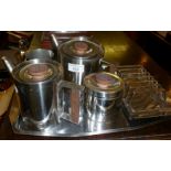 Modernist style teak and stainless steel tea set and tray