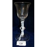 18th c. bell shaped bowl wine glass with single knop spiral air twist stem on conical foot, 6" high