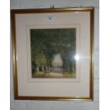 Watercolour of an avenue of trees with figures, monogrammed FBT & dated 1915, 19" x 17" including