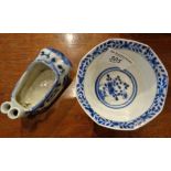 Chinese blue and white tea bowl and a blue and white ink pot in the form of a shoe