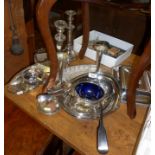 Quantity of assorted silver-plate, inc. entree dish, coaster, candle sticks, etc.