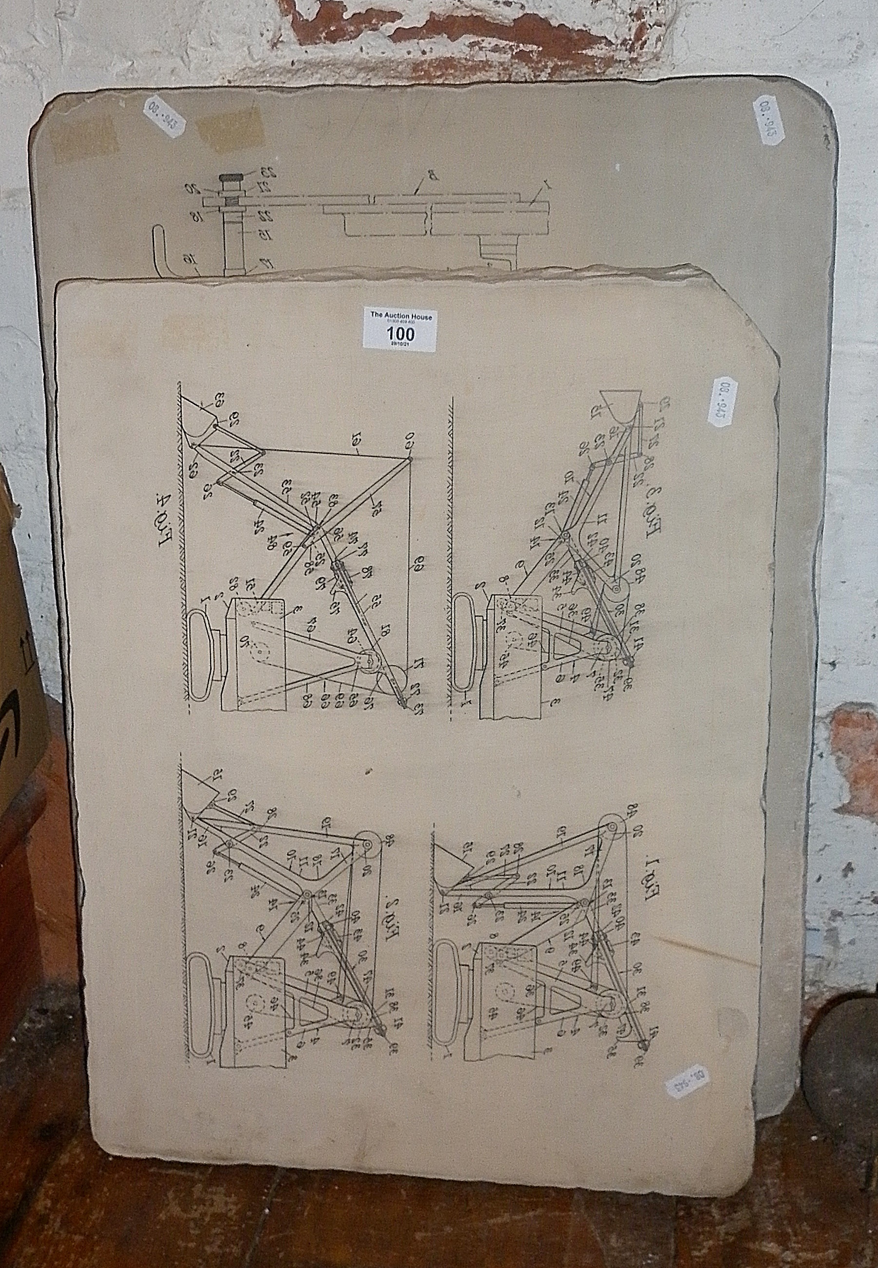 Two large lithographic stones with images of engineers diagrams, one 24" x 17" and the other 20" x