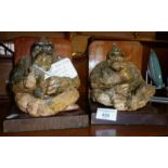 Pair of studio pottery figures of gorillas mounted on wooden bookends by Patricia Telford