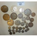 Assorted old coins, mostly silver, combined weight approx. 290g. Includes 1707 Queen Anne Half