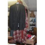 Vintage clothing:- gent's coat. Harris Tweed jacket, hats, gent's check woollen dressing gown and