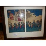 Japanese coloured woodblock print on cotton of marching soldiers, 10" x 14.5" image size, signed