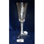 18th c. glass ale flute, the funnel bowl having faded enamel decoration of hops on double series