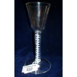 18th c. wine glass with round funnel upon stem with two colour Archimedes air twist and circular