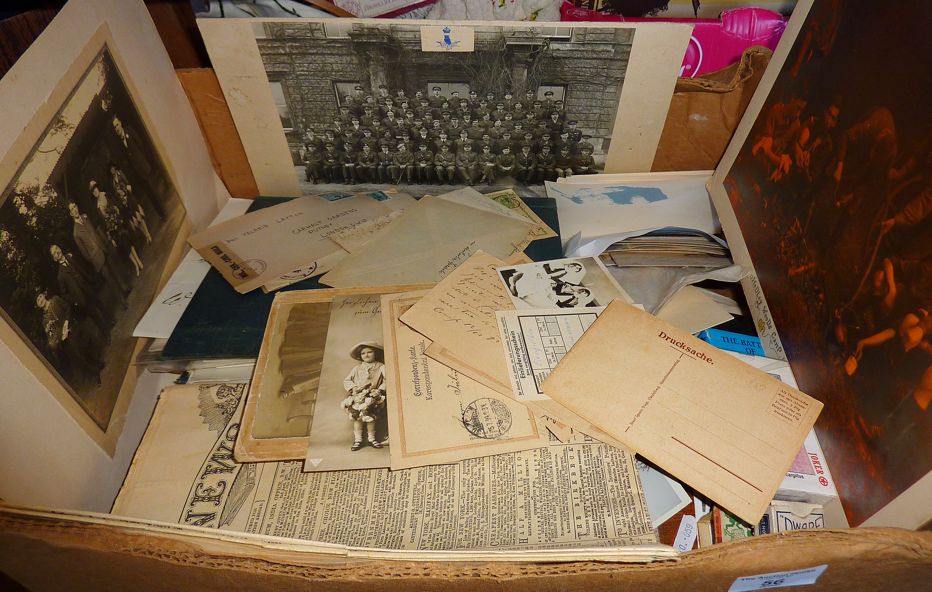 Box of assorted ephemera including postal history, playing cards and photographs etc