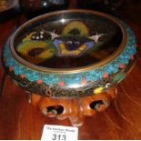 Chinese Cloisonné dragons bowl on wood stand, 15cm diameter