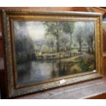 Oil on canvas of lockgates and trees by F.E. Phillips, 20" x 28" including gilt frame