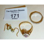 Two 9ct gold dress rings, and a pair of 9ct gold earrings, approx. 4.5g