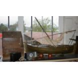 Wooden model of a sailing fishing boat (Bristol Bay Monkey boat) or Maltese Luzzu, a letters box,