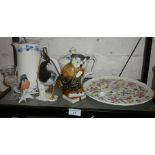 Old Foley China cakeplate & slice, three Karl Ens fine bone china bird figurines