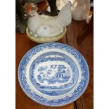 Staffordshire hen on nest bowl and cover, and blue and white Willow ware