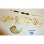 19th c. ivory panel bracelet repaired with 9ct+ gold jump rings, tiger or lion claw and a quill