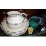 Jug and basin (for Harrods), blue and white transfer platter (bee keeper pattern) and four jugs (A/