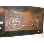 Bronze heavy relief plaque of a stag by a river in oak frame, 15" x 24" overall