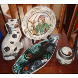 Staffordshire fireside spaniel, Chinese crackle glaze ginger jar, Poole Pottery Delphis spear