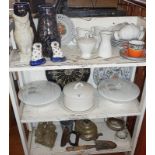 Assorted ceramics etc. on 3 shelves, inc. Belleek owl vase, pair Devon ware vases, Rosenthal