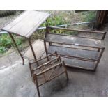 Victorian bamboo three-tier shelves, similar magazine rack and a table (A/F)