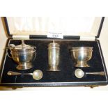 Sterling silver three piece cruet set in case, hallmarked for Birmingham 1950's, Deakin & Francis