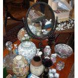 Assorted china and an oval metal framed dressing table mirror