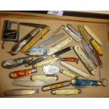 Assorted old pen and pocket knives, makers include Morrell, small tools and a Sterling silver and