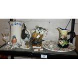 Old Foley China cakeplate and slice, three Karl Ens fine bone china bird figurines