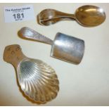 Sterling silver caddy spoons and a child's pusher spoon, all hallmarked. Total weight approx. 53g