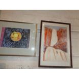 A colour pastel by Simon Fox of a still life of fruit in bowl and a watercolour of an