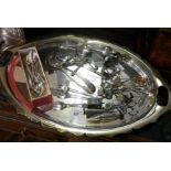 Large oval silver plated Butler's tray with 1914 presentation inscription together with assorted