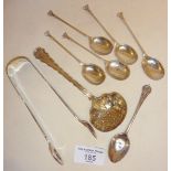 Sterling silver spoons, sugar tongs etc, all hallmarked, approx. weight 154g