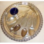 Antique hallmarked silver spoons, silver plated tray and a Sterling mustard pot and spoon. Approx.