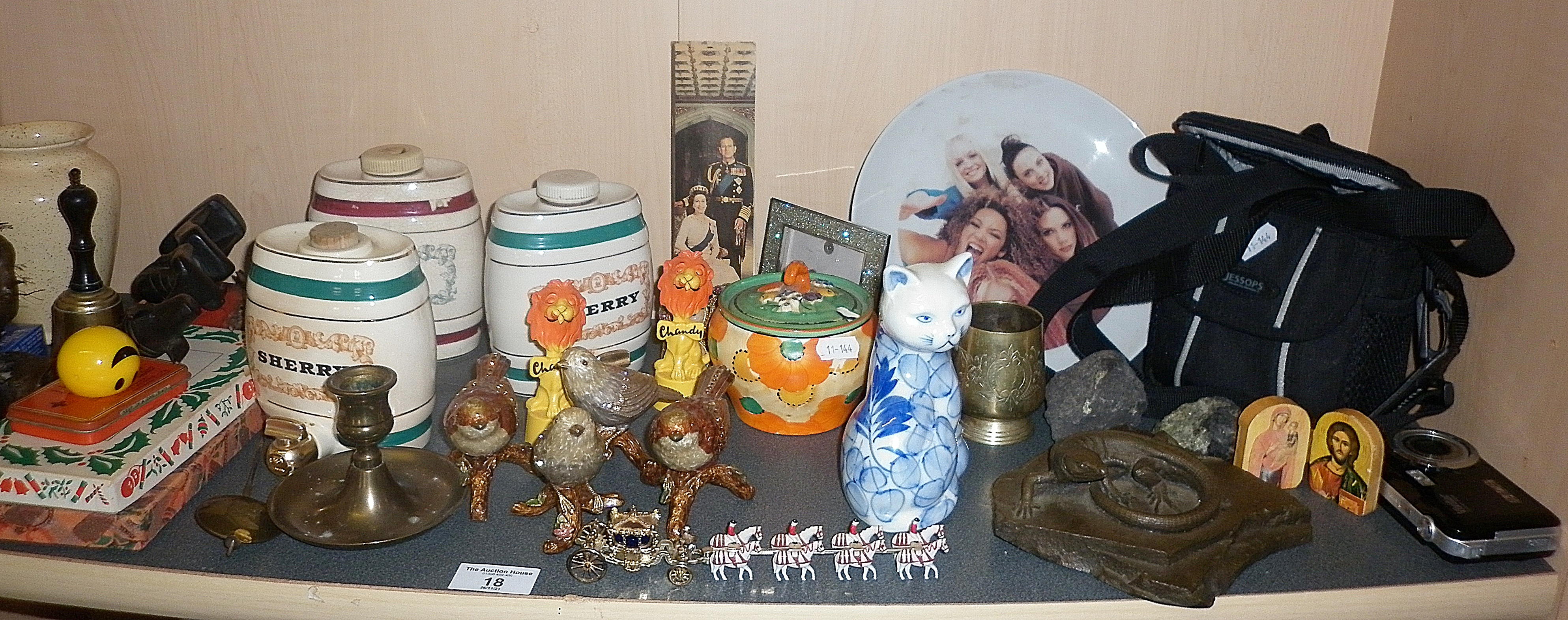 Collection of various china and other ornaments, inc. three Wade whisky barrels, a Spice Girl