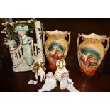 Pair of Victorian china vases, two pairs Continental porcelain figures and a figure of an