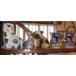 Staffordshire fireside spaniel, Venini style glass cat, Persian Qajar? pair of jugs and a dog