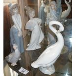 Lladro figurine and two Nao figures, together with a Nao goose figurine and two others (6)