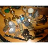 Assorted metalware, inc. candlesticks, horse brasses and kitchenalia, etc.