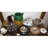 Three pot lids, overlay ruby glass water decanter and other items