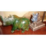 Carved stone rhino and Art Deco terrier A/F