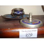 Small Japanese Cloisonné tray, an enamel and glass salt, and a Cloisonné visiting card stand
