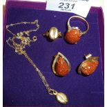 9ct gold coffee bean necklace and ring, with heavy goldstone ring and earrings set - tests as 9ct+