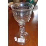 18th c. Dutch wine glass on three knopped stem enclosing air bubbles and having etched with