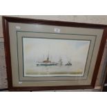 A colour print of tug and boats titled "River Work" by P.C. Bell, signed in pencil lower right