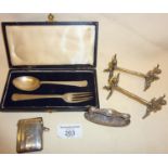 Silver vesta case, child's cased cutlery set, nail buffer - all hallmarked. Together with silver-