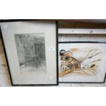 Pencil sketch of a pub chair by W. T. Griffiths and an abstract watercolour