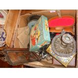 Box containing silver plate, cutlery, binoculars, tins, etc.