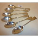 Six Sterling silver fiddle back dessert spoons, hallmarked for London and Sheffield, maker GA,